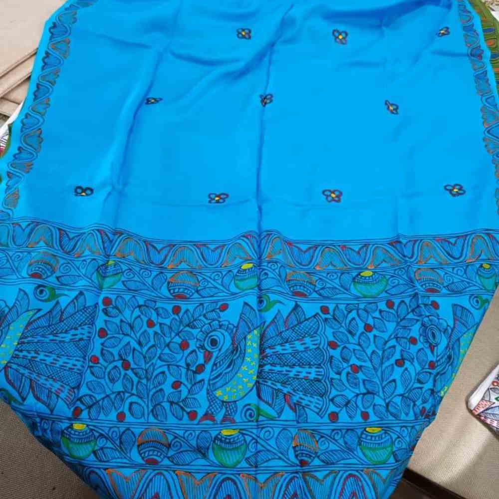 Madhubani Painting Blue Colour Stole Peacock Style